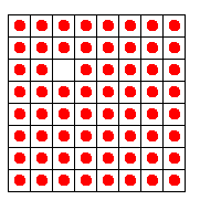 [figura de um tabuleiro 8x8 com pinos vermelhos em todos os quadrados, exceto no de posi��o (3,3)]