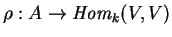 $\rho:A\rightarrow {\it Hom}_k(V,V)$