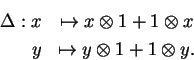 \begin{eqnarray*}\Delta:x&\mapsto x\otimes 1+1\otimes x\\
y&\mapsto y\otimes 1+1\otimes y.
\end{eqnarray*}