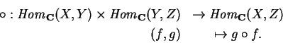 \begin{eqnarray*}\circ :
{\it Hom}_{\bf C} (X,Y) \times {\it Hom}_{\bf C} (Y,Z)
&\rightarrow {\it Hom}_{\bf C} (X,Z)\\
(f,g)&\mapsto g\circ f.
\end{eqnarray*}