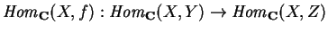 ${\it Hom}_{\bf C} (X,f):
{\it Hom}_{\bf C} (X,Y)\rightarrow
{\it Hom}_{\bf C} (X,Z)$