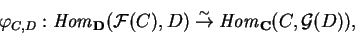 \begin{displaymath}\varphi_{C,D} : {\it Hom}_{\bf D}(\mathcal{ F}(C),D)
\stack...
...tarrow}
{\it Hom}_{\bf C}(C,\mathcal{ G}(D)),\tag{\bf A.4.1}
\end{displaymath}
