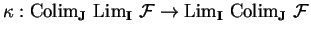 $\kappa : {\rm Colim}_{\bf J}\
{\rm Lim}_{\bf I}\
\mathcal{ F}\rightarrow {\rm Lim}_{\bf I}\
{\rm Colim}_{\bf J}\
\mathcal{ F}$