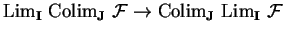 ${\rm Lim}_{\bf I}
\ {\rm Colim}_{\bf J}\
\mathcal{ F}\rightarrow {\rm Colim}_{\bf J}
\ {\rm Lim}_{\bf I}\ \mathcal{ F}$
