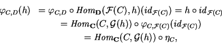 \begin{eqnarray*}\varphi_{C,D}(h)
&=\varphi_{C,D}\circ {\it Hom}_{\bf D}
(\mat...
...(C)})\\
&={\it Hom}_{\bf C}(C,\mathcal{ G}(h))
\circ \eta_C,
\end{eqnarray*}