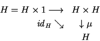 \begin{eqnarray*}H=H\times 1
\longrightarrow &H\times H\\
{\it id}_H \searrow &\downarrow \mu \\
&H
\end{eqnarray*}