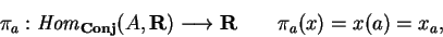 \begin{displaymath}\pi_a:{\it Hom}_{\bf Conj}(A, {\bf R})
\longrightarrow
{\bf R}\qquad \pi_a(x)=x(a)=x_a,\end{displaymath}