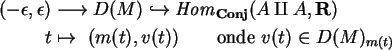 \begin{align}(-\epsilon,\epsilon)&\longrightarrow
D(M)\hookrightarrow
{\it Hom...
...mapsto\ (m(t),v(t))
\qquad {\rm onde}\ v(t)
\in D(M)_{m(t)}\notag
\end{align}