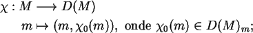 \begin{align}\chi:M&\longrightarrow D(M) \notag\\
m&\mapsto (m,\chi_0(m)),\ {\rm
onde}\ \chi_0(m)\in D(M)_m; \notag
\end{align}