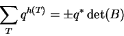 \begin{displaymath}\sum_T q^{h(T)} = \pm q^\ast \det(B) \end{displaymath}