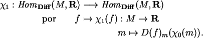 \begin{align}\chi_1:
{\it Hom}_{\bf Diff}(M,{\bf R})
&\longrightarrow {\it Hom...
...
{\bf R}\notag\\
&\qquad \qquad m\mapsto D(f)_m(\chi_0(m)).\notag
\end{align}