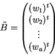 \begin{displaymath}\tilde B =
\begin{pmatrix}(w_1)^t \\ (w_2)^t \\ \vdots \\ (w_a)^t \end{pmatrix} \end{displaymath}