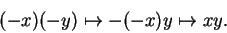 \begin{displaymath}(-x)(-y) \mapsto -(-x)y \mapsto
xy.\end{displaymath}