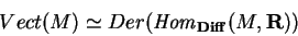 \begin{displaymath}Vect(M)\simeq
Der({\it Hom}_{\bf Diff}(M,{\bf R}))
\tag{\bf 1.2.2}
\end{displaymath}