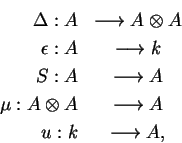 \begin{eqnarray*}\Delta:A&\longrightarrow A\otimes A\\
\epsilon:A&\longrightar...
...\
\mu:A\otimes A&\longrightarrow A\\
u:k&\longrightarrow A,
\end{eqnarray*}