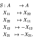 \begin{eqnarray*}S:A&\rightarrow A\\
X_{11}&\mapsto X_{22}\\
X_{22}&\mapsto X_{11}\\
X_{12}&\mapsto -X_{12}\\
X_{21}&\mapsto -X_{21}.
\end{eqnarray*}